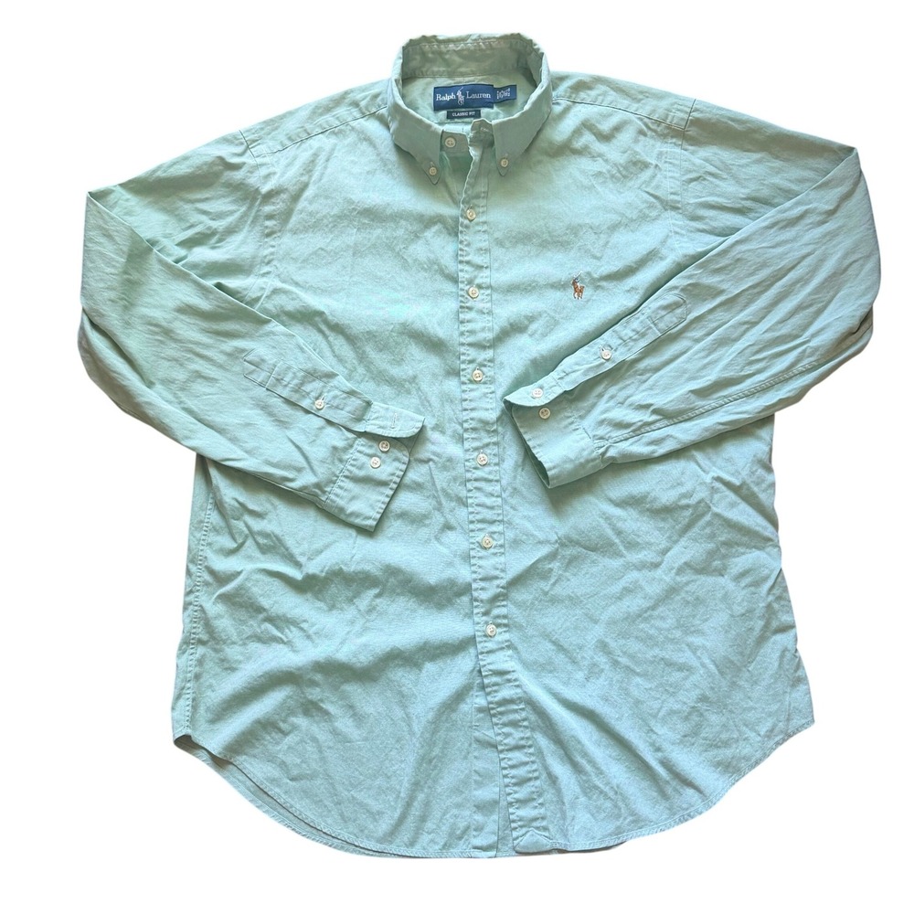 Ralph Lauren Button Down Men 16.5 34/35 Green Preppy Classic Fit Flesh Pony
